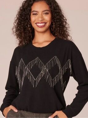 Democracy Black Crewneck Sweater with Silver Beaded Fringe